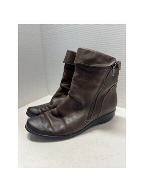 Mephisto Brown Leather Side Zip Ankle Boots Fold Over Cuff Low Wedge Heel 8.5